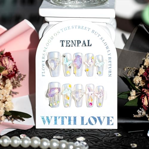 TENPAL Handmade Press on Nails Coffin 3D Crystal Heart Aurora False Nails XS