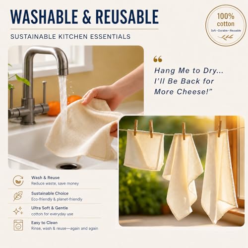 Organic Cheesecloth Set - 5 Reusable Muslin Cloths, 3 Sizes
