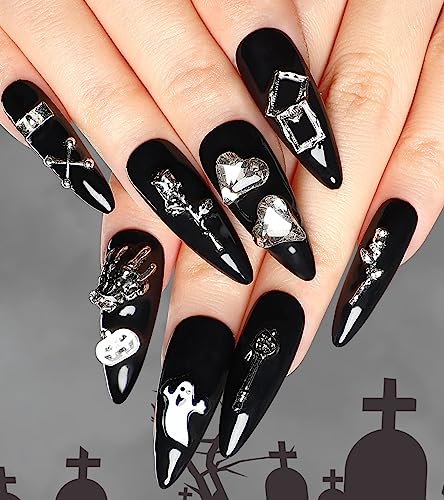 Extra Long Black Stiletto Press On Nails Halloween Gothic Fake Nails