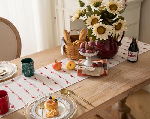 Caflife Christmas Table Runner 13x72 Inch Boho Red & Beige Cotton with Tassels