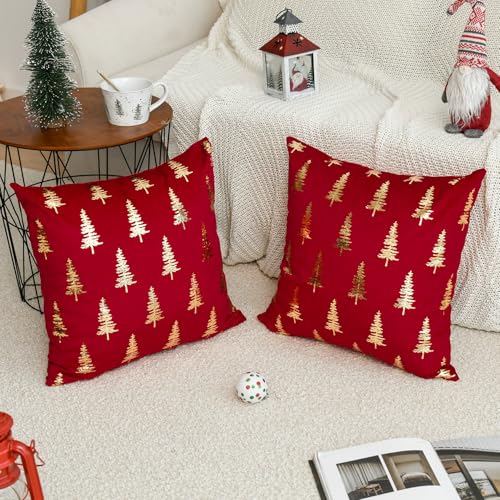 Christmas Red Velvet Throw Pillow Cover 20 x 20 Inches Set of 2 with Gold Foil Tree Design