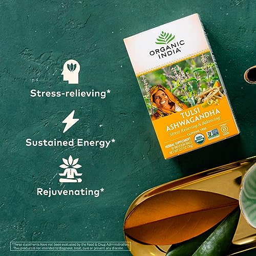 Organic India Calming Tulsi Ashwagandha Tea - 18 Infusion Bags, Stress Relief & Relaxation