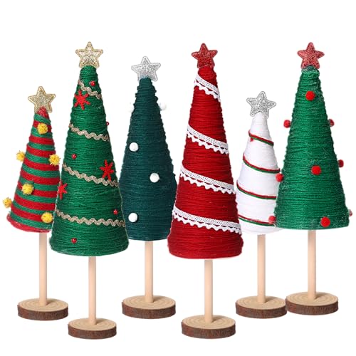 Mini Yarn Christmas Trees Set of 6 - Holiday Table Decorations with Stars
