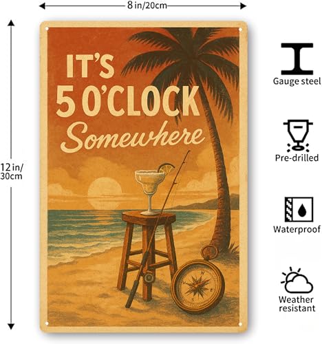 It's 5 O'Clock Somewhere Metal Sign - Tiki Bar & Home Decor, Outdoor Waterproof Wall Art