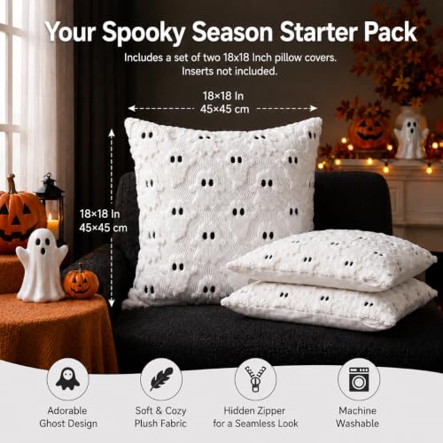 HOSHEN HOME 3D Ghost Faux Fur Pillow Covers, White 18x18 Inch Set of 2