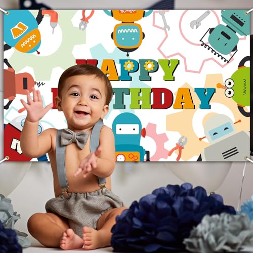 Robot Birthday Backdrop Banner - 6x3.6ft Party Decoration