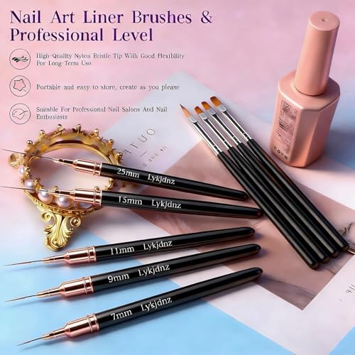 9-Piece Nail Art Brush Set with 5 Thin Liners and Gel Brushes