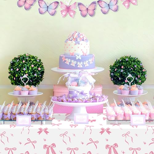 4 Pcs Pink & White Bow Table Cloths for Birthday Parties - 51 x 86 in
