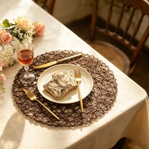 IcosaMro Set of 12 Round Brown Placemats - 13 Inch Woven Paper Table Decor