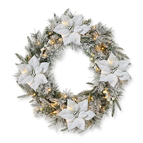 Poinsettia 24-Inch Christmas Wreath with Lights and Timer - Snow Flocked Greenery