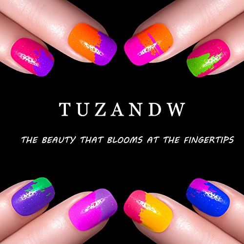 TUZANDW Rose Pink Square Press on Nails Short Glitter Sequins False Nails