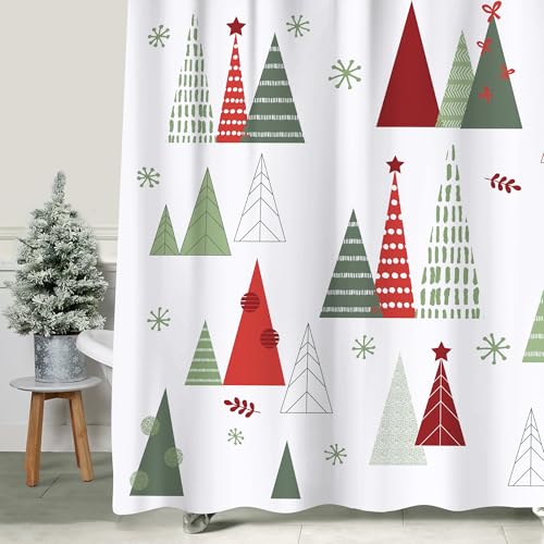 Sunlit Geometric Christmas Tree Shower Curtain, 71x71 Inch Red/Green Xmas Bath