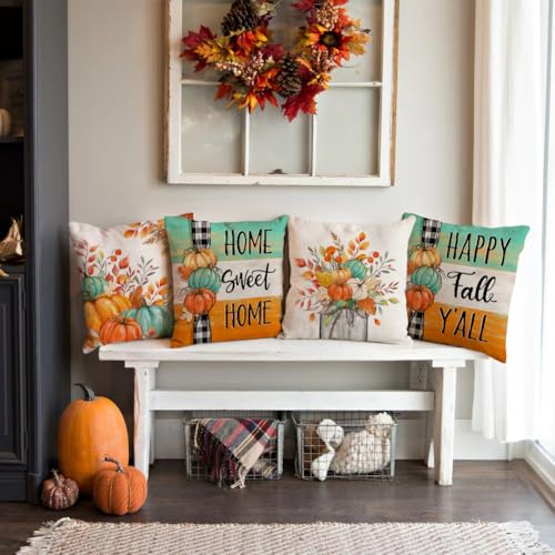RABUSOFA 20x20 Inch Teal Pillow Covers Set of 4 - Fall Pumpkin & Leaves