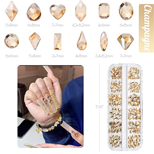 qiipii 120Pcs Champagne Gold Nail Rhinestones K9 Glass Flatback Gems