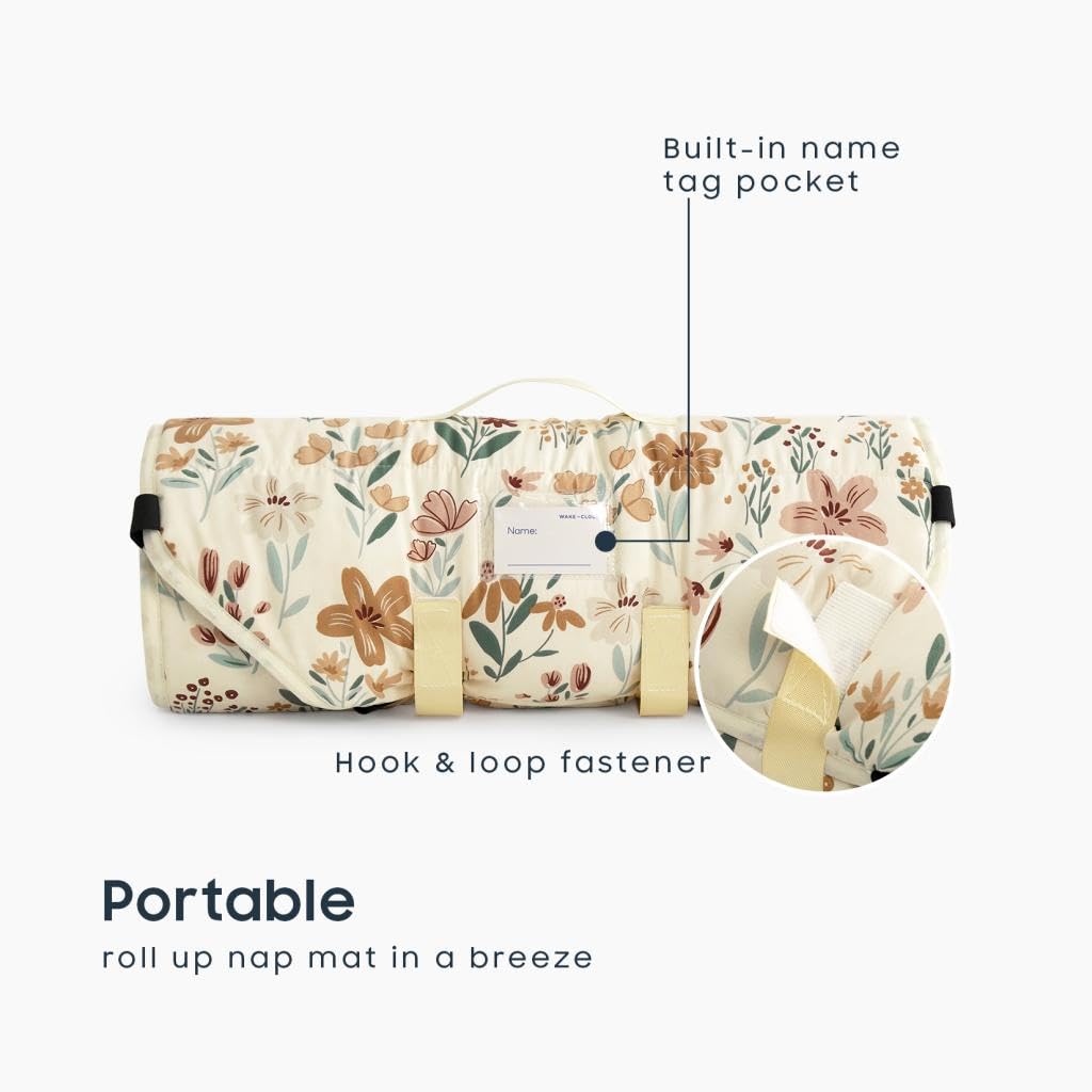 Wake In Cloud - Cot Nap Mat with Pillow and Blanket, for Toddler Kids Girls Ages 3 Plus in Daycare Kindergarten Preschool with Elastic Corner Straps, Floral Botanical Flowers, Orange Cream