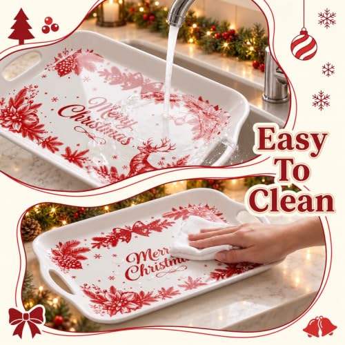 Christmas Melamine Serving Trays with Handles - 16 x 11.4 Inches Set of 2 - Festive Holiday Pattern