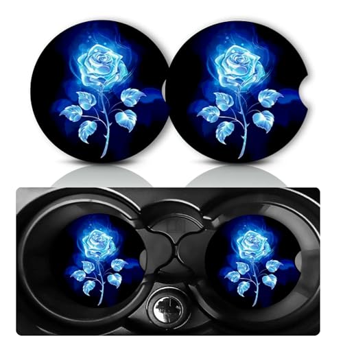 Blue Rose Car Cup Holder Coasters 2-Pack - Non-Slip Neoprene Drink Mats