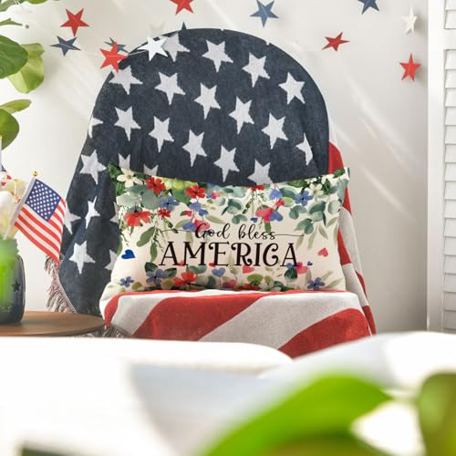 Patriotic 4th of July Throw Pillow Cover - 12x20 Inch God Bless America Decor