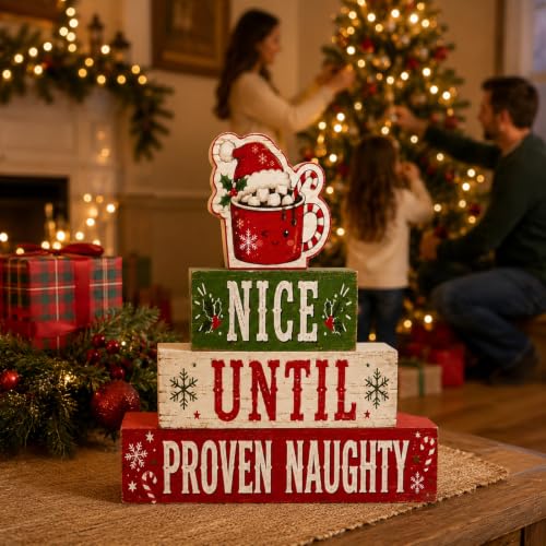 Christmas Hot Cocoa Wooden Tiered Tray Decor - Rustic Holiday Table Centerpiece