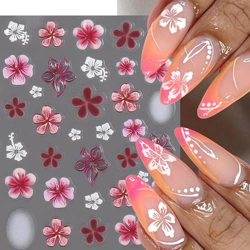 Quezadyl 5D Embossed Blue Hibiscus Flower Nail Stickers - 2 Sheets