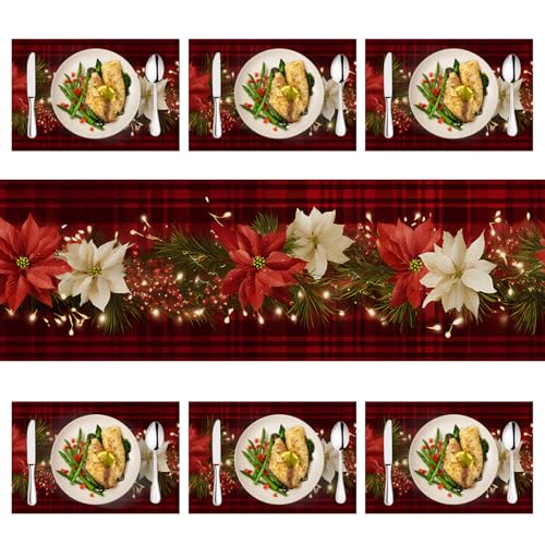 Christmas Table Runners and Placemats Set of 6 with Poinsettia - Red Plaid Holiday Decor 124