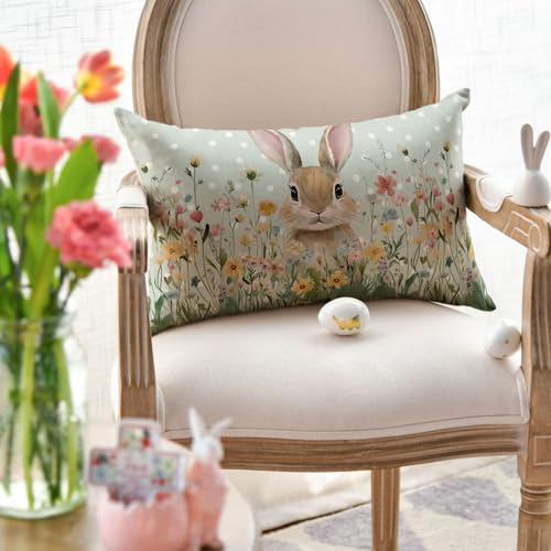 Easter Bunny Wildflowers Throw Pillow Cover 12x20 Inch