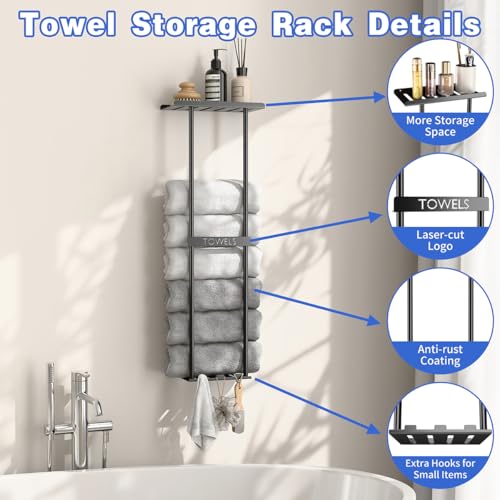 DwellDeal Wall Mounted Towel Rack with Shelf & 3 Hooks - Black Metal