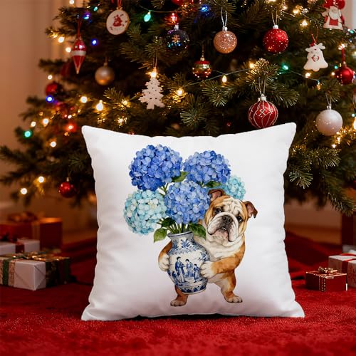 Blue Chinoiserie English Bulldog Pillow Cover - Dog Print 18x18 Inch
