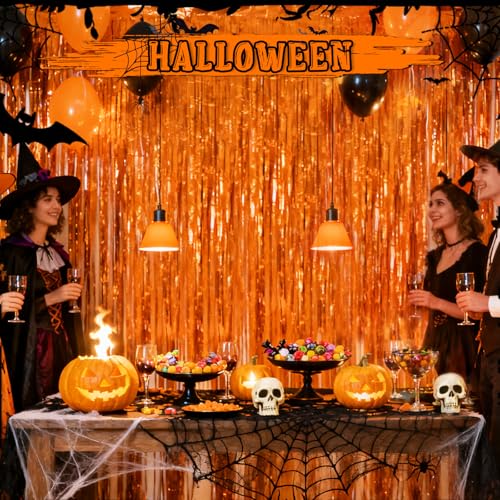 Crosize Foil Fringe Streamer Backdrop - 2 Pack, 3.3 x 9.9 ft, Orange