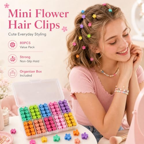 Noxlra 80PCS Mini Flower Hair Clips - 0.6 Inch Tiny Colorful Floral Claw Clips with Storage Box