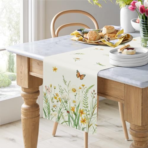 Bonhause Spring Floral Table Runner 13x72 Inch - Yellow & White