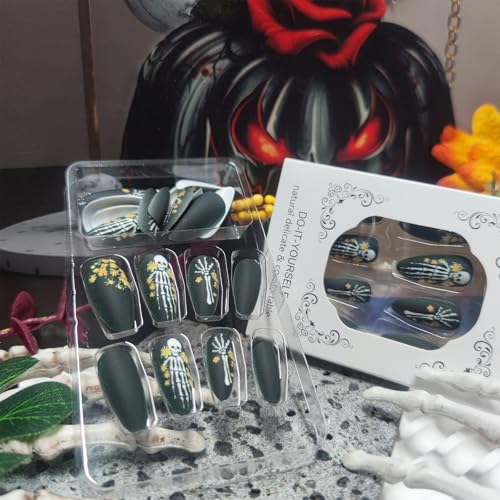 AROVFAM Halloween Press on Nails Medium Almond Skull Fake Nails 24Pcs