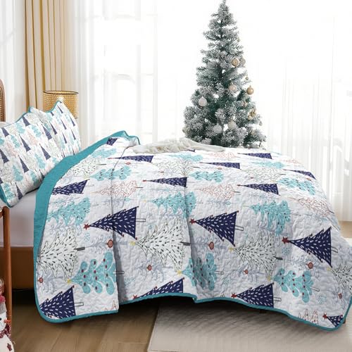 Queen Christmas Quilt Set Blue Xmas Tree 3-Piece Bedding with Pillow Shams - Queen Size