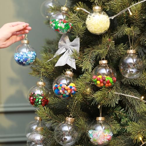 50 Pcs 3.15 Inch Clear Refillable Christmas Plastic Ornaments Rainbow Ball with Lid & Rope