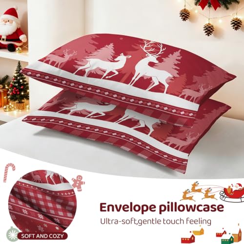 Luxudecor Christmas Bedding Set King Size Reindeer Red Duvet Cover & Pillow Shams