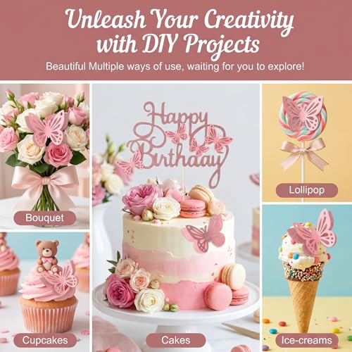 3D Pink Butterfly Cake Toppers Set with Happy Birthday Sign, 26Pcs