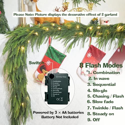 6.56ft Pre-Lit Christmas Garland with 40 LED Lights, Real Touch Norfolk Pine