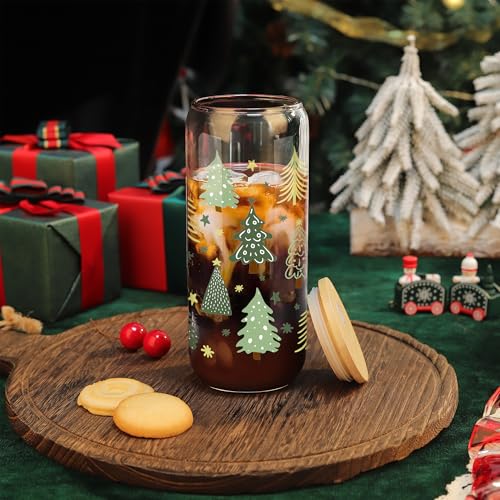 Christmas Glass Tumbler with Lid & Straw - Green Tree Xmas 20oz Style 1