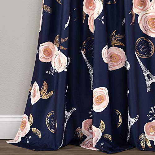 Lush Decor Vintage Paris Rose Butterfly Script Light Filtering Window Curtain Panels Pair 52" W x 84" L Navy - Kids Curtains - Kids Bedroom Decor