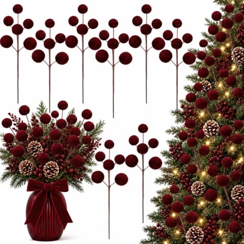 Velvet Christmas Tree Picks Set - Burgundy, 16 Pieces, 14 Inch Holiday Decor