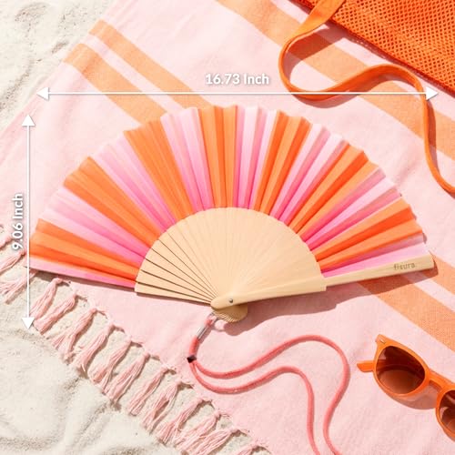Fisura Colorful Pink and Orange Stripe Wooden Folding Fan with Wrist Strap – Summer Travel & Beach Accessory