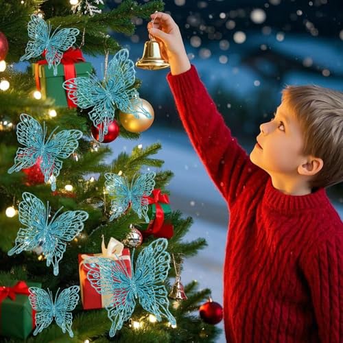 12-Pack 3D Glitter Butterflies for Christmas Tree Decor - 5 Inch