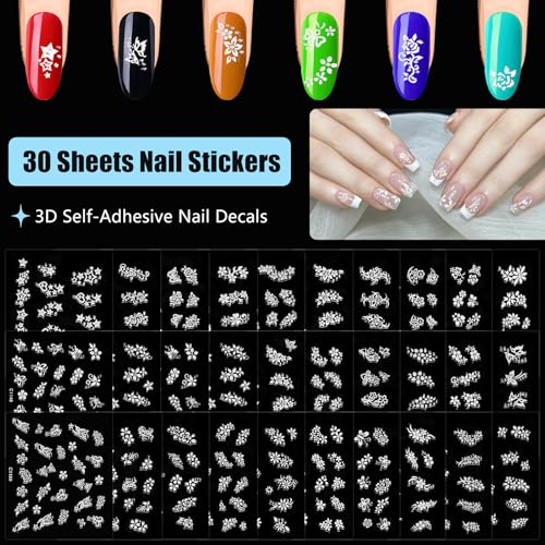 Umillars 30 Sheets White Flower Nail Stickers 3D Self-Adhesive Floral Decals
