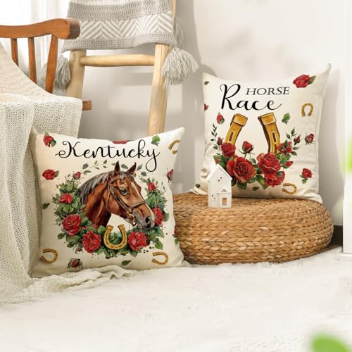 Kentucky Horse Race Throw Pillow Covers 18x18, Set of 4, Indoor Outdoor