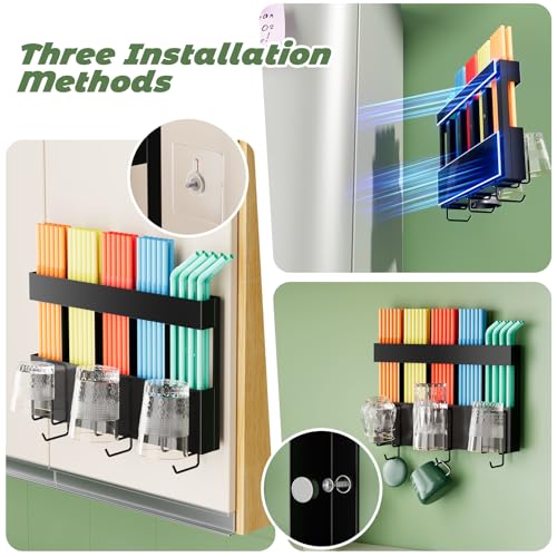 Magnetic Metal Straw Holder with Adhesive Hooks - Black