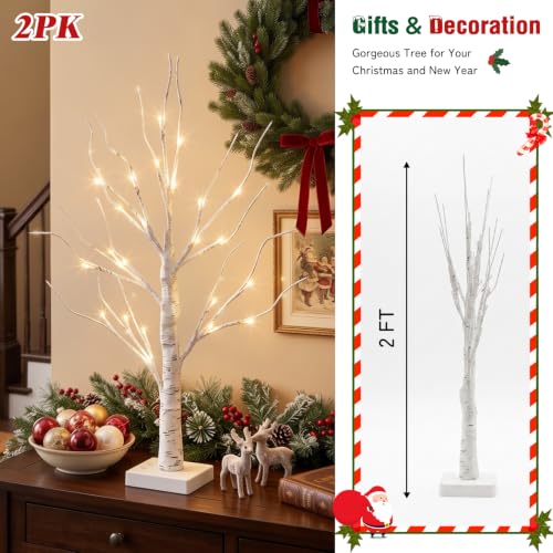 2FT Birch Tree Christmas Decor with LED Lights - Battery Powered Fairy Light Spirit Tree - 4 Pack