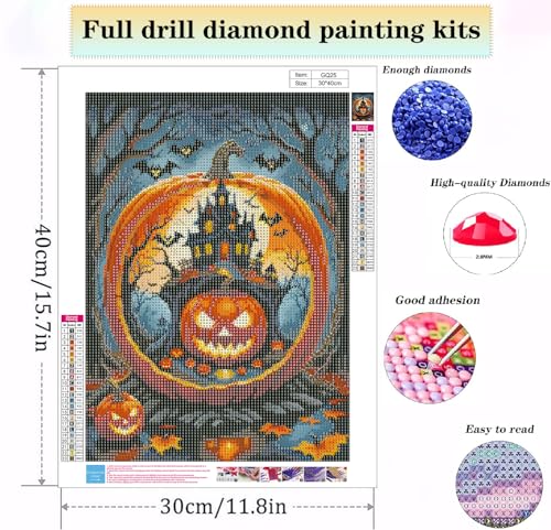 Halloween Diamond Painting Kit for Adults, Pumpkin Castle 5D Full Drill Gem Art