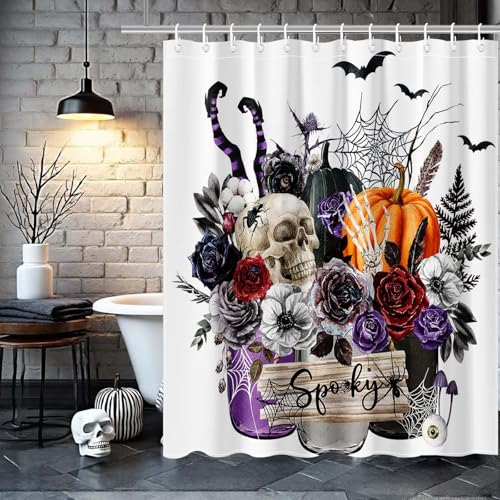 Mocsicka Purple Halloween Pumpkin Skeleton Witch Shower Curtain - 71x71 inch