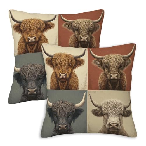 Highland Cow Throw Pillow Covers 18x18, Set of 2 Rustic Farmhouse Decor