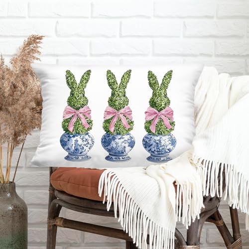Pink Easter Bunny Pillow Cover 12x20 - Blue Chinoiserie Decor for Living Room & Bedroom
